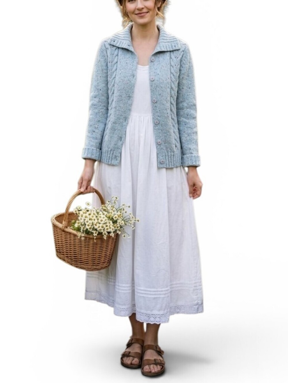 L.L. Bean Blue Confetti Tweed Cable Knit Cardigan Sweater Size M